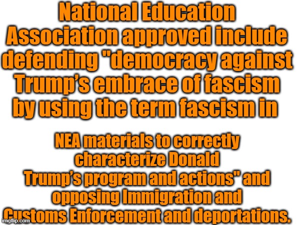 The so-called schools are not schools Political propaganda camps | National Education Association approved include defending "democracy against Trump’s embrace of fascism by using the term fascism in; NEA materials to correctly characterize Donald Trump’s program and actions" and opposing Immigration and Customs Enforcement and deportations. | made w/ Imgflip meme maker