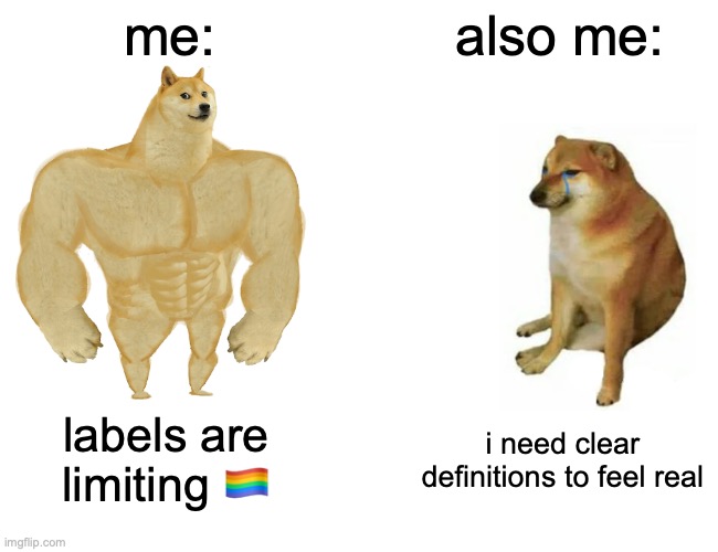 Buff Doge vs. Cheems | me:; also me:; labels are limiting 🏳️‍🌈; i need clear definitions to feel real | image tagged in memes,buff doge vs cheems | made w/ Imgflip meme maker