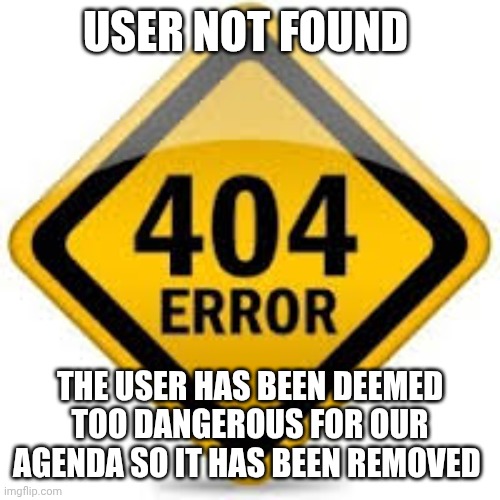 I just asked for a way to filter out beggers with multi accounts | USER NOT FOUND; THE USER HAS BEEN DEEMED TOO DANGEROUS FOR OUR AGENDA SO IT HAS BEEN REMOVED | image tagged in error 404 crush not found | made w/ Imgflip meme maker