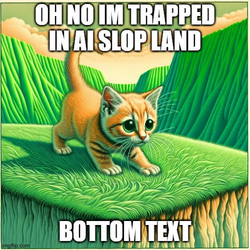 HELP IM IN AI SLOP LAND | OH NO IM TRAPPED IN AI SLOP LAND; BOTTOM TEXT | image tagged in ai slop where am i | made w/ Imgflip meme maker