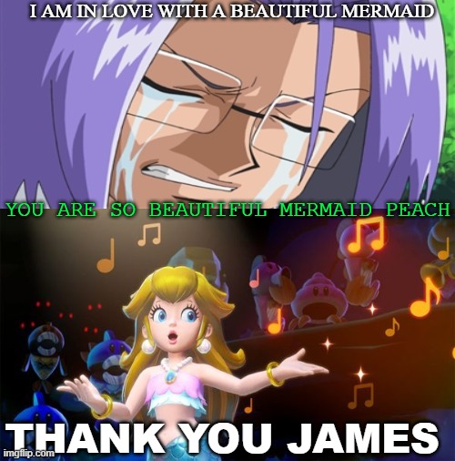 james falls in love with mermaid peach | I AM IN LOVE WITH A BEAUTIFUL MERMAID; YOU ARE SO BEAUTIFUL MERMAID PEACH; THANK YOU JAMES | image tagged in who falls in love with mermaid peach,team rocket,pokemon memes,crossover memes,mermaid memes,videogames | made w/ Imgflip meme maker