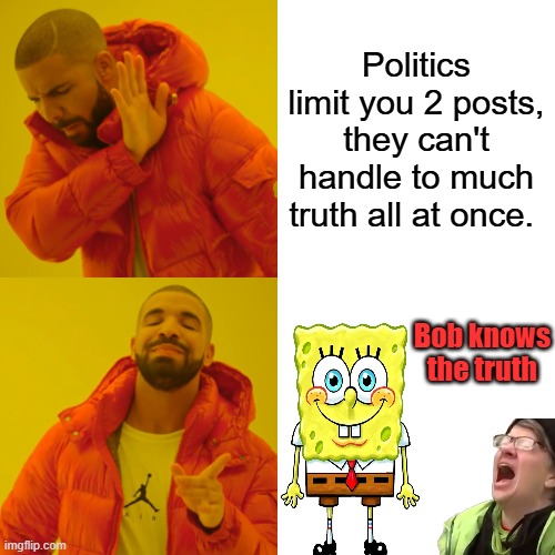 Scaredy cats | Politics limit you 2 posts, they can't handle to much truth all at once. Bob knows the truth | image tagged in memes,drake hotline bling | made w/ Imgflip meme maker