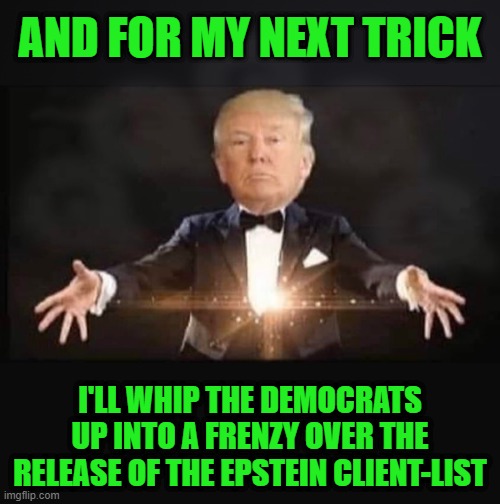 Magic Trump | AND FOR MY NEXT TRICK; I'LL WHIP THE DEMOCRATS UP INTO A FRENZY OVER THE RELEASE OF THE EPSTEIN CLIENT-LIST | image tagged in magic trump | made w/ Imgflip meme maker