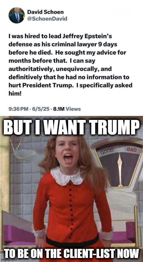 BUT I WANT TRUMP TO BE ON THE CLIENT-LIST NOW | image tagged in veruca salt | made w/ Imgflip meme maker