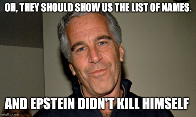 Jeffrey Epstein | OH, THEY SHOULD SHOW US THE LIST OF NAMES. AND EPSTEIN DIDN'T KILL HIMSELF | image tagged in jeffrey epstein | made w/ Imgflip meme maker