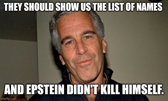 THEY SHOULD SHOW US THE LIST OF NAMES AND EPSTEIN DIDN'T KILL HIMSELF. | image tagged in jeffrey epstein | made w/ Imgflip meme maker