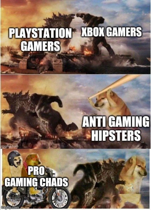 PRO GAMING CHADS | image tagged in godzilla vs king kong vs doge vs buff doge | made w/ Imgflip meme maker