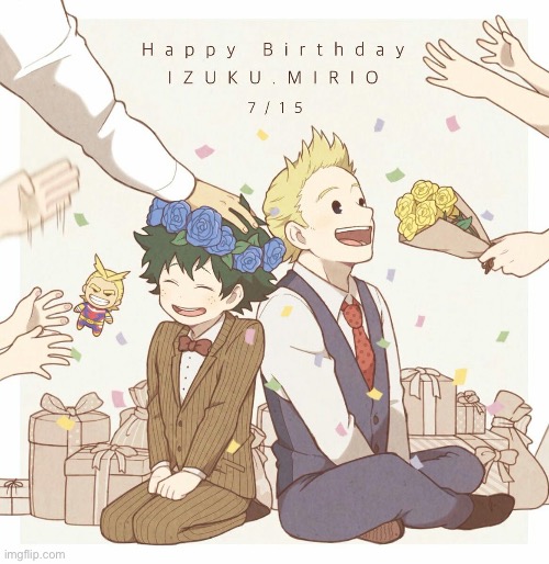 Happy birthday Mirio and Izuku! (Not my art found on Pinterest idk who artist is) | image tagged in mha,my hero academia,bnha,boku no hero academia,birthday | made w/ Imgflip meme maker