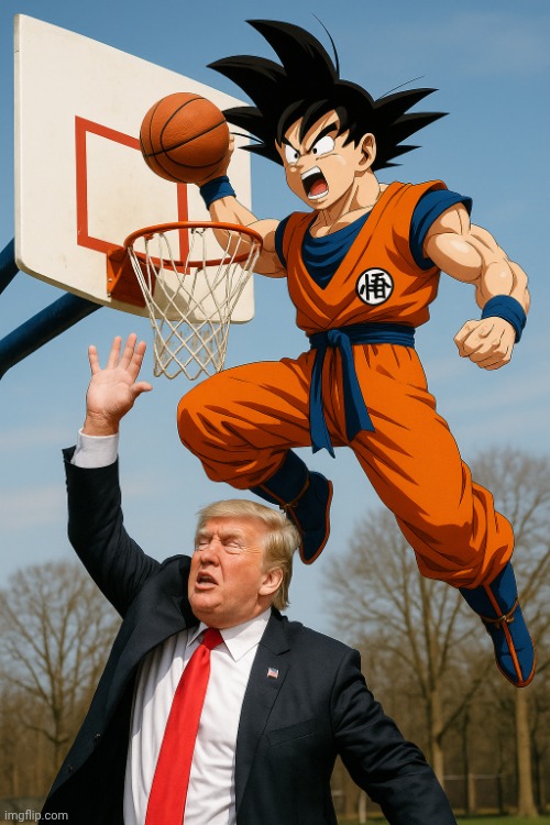 badass photo of Goku dunking on Trump | image tagged in badass photo of goku dunking on trump | made w/ Imgflip meme maker