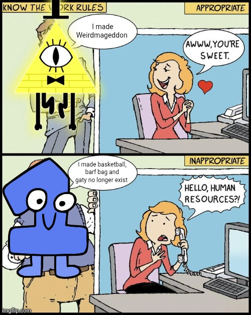 I don't what title i should put | I made Weirdmageddon; I made basketball, barf bag and gaty no longer exist | image tagged in hello human resources | made w/ Imgflip meme maker