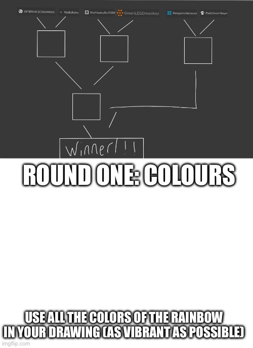 Brackets and ROUND ONE | ROUND ONE: COLOURS; USE ALL THE COLORS OF THE RAINBOW IN YOUR DRAWING (AS VIBRANT AS POSSIBLE) | image tagged in blank white template,drawing | made w/ Imgflip meme maker