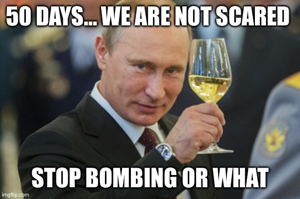 Putin Cheers | 50 DAYS… WE ARE NOT SCARED; STOP BOMBING OR WHAT | image tagged in putin cheers | made w/ Imgflip meme maker