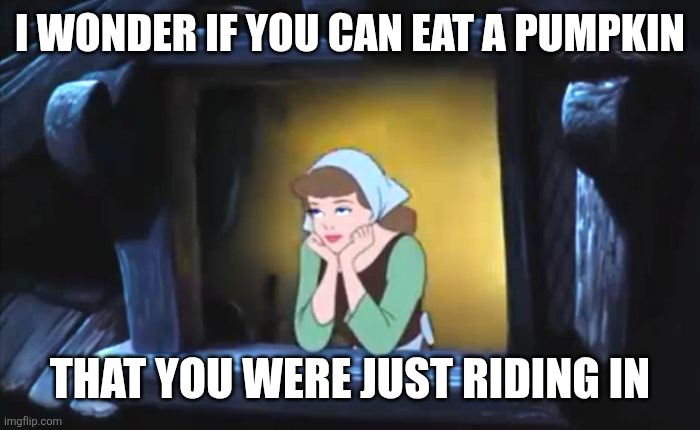 After you rode into a pumpkin, you can imagine to eat one. | I WONDER IF YOU CAN EAT A PUMPKIN; THAT YOU WERE JUST RIDING IN | image tagged in cinderella,memes,funny,pumpkin | made w/ Imgflip meme maker