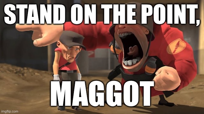 Soldier yelling at scout | STAND ON THE POINT, MAGGOT | image tagged in soldier yelling at scout | made w/ Imgflip meme maker