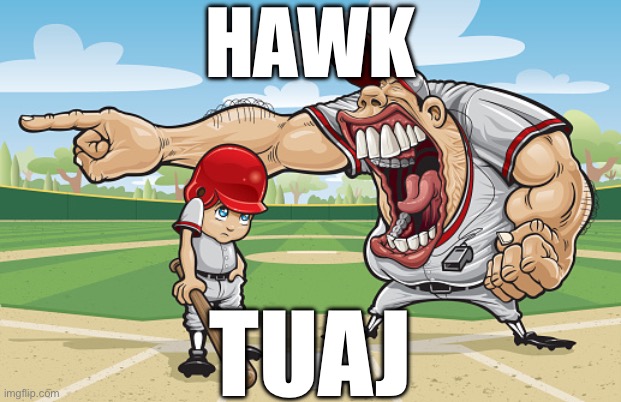 Kid getting yelled at an angry baseball coach no watermarks | HAWK; TUAJ | image tagged in kid getting yelled at an angry baseball coach no watermarks | made w/ Imgflip meme maker