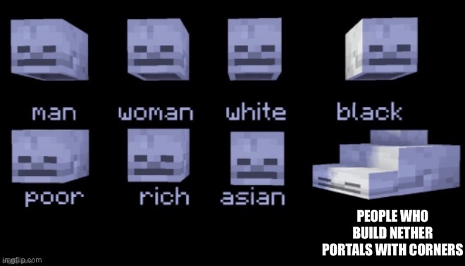 Srsly use that 4 obby for an enchanting table | PEOPLE WHO BUILD NETHER PORTALS WITH CORNERS | image tagged in idiot skull minecraft version | made w/ Imgflip meme maker