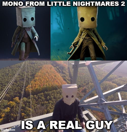 Random Funfact about Little Nightmares 2 | MONO FROM LITTLE NIGHTMARES 2; IS A REAL GUY | image tagged in gaming,lattice climbing,creepypasta,mono,climbing memes,little nightmares | made w/ Imgflip meme maker