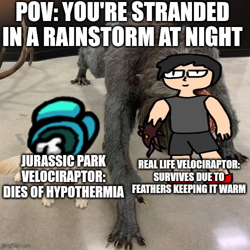 Also True | POV: YOU'RE STRANDED IN A RAINSTORM AT NIGHT; REAL LIFE VELOCIRAPTOR: SURVIVES DUE TO FEATHERS KEEPING IT WARM; JURASSIC PARK VELOCIRAPTOR: DIES OF HYPOTHERMIA | image tagged in dog and beast,velociraptor | made w/ Imgflip meme maker