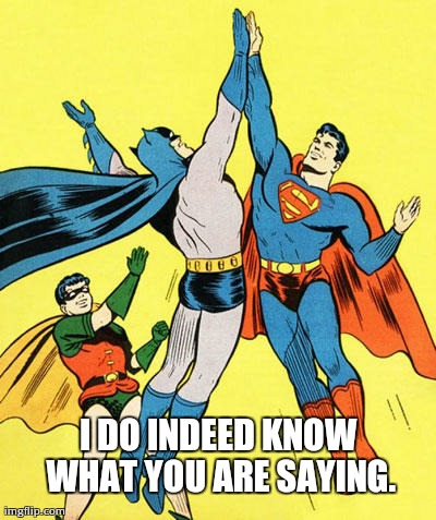 Seriously! I can't believe this isn't a template yet. | I DO INDEED KNOW WHAT YOU ARE SAYING. | image tagged in batman,superman,high five,meme | made w/ Imgflip meme maker