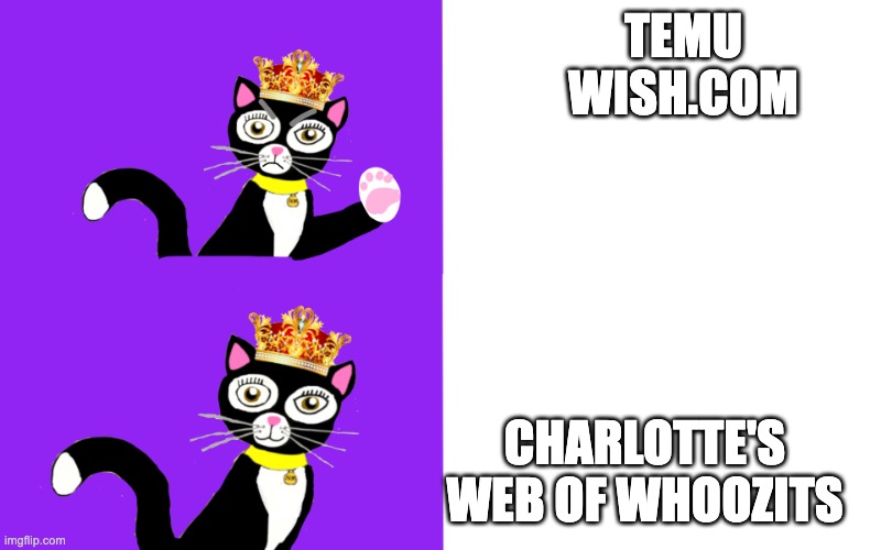 Charlotte's Web of Whoozits preference meme | TEMU
WISH.COM; CHARLOTTE'S
WEB OF WHOOZITS | image tagged in charlotte's web of whoozits hotline bling | made w/ Imgflip meme maker