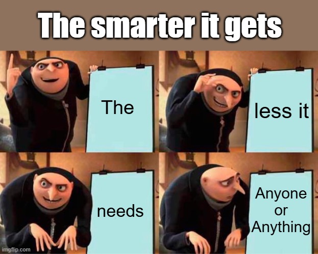 Delete you | The smarter it gets; less it; The; needs; Anyone or Anything | image tagged in memes,gru's plan | made w/ Imgflip meme maker