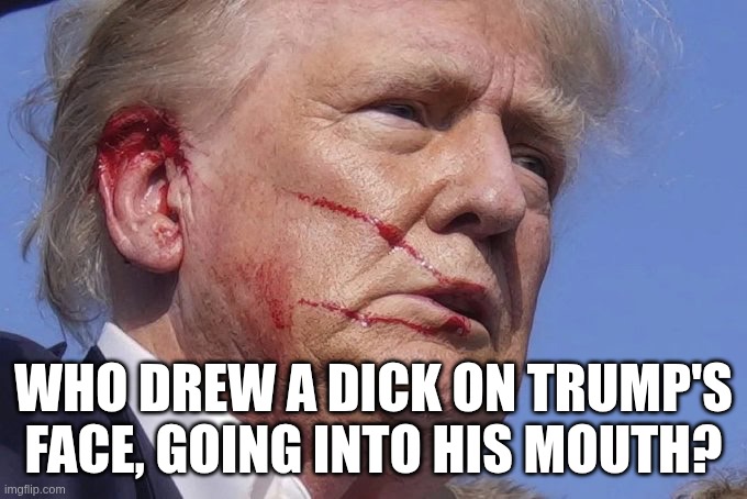 Forget Ketchupgate, what about Dickhead gate? | WHO DREW A DICK ON TRUMP'S FACE, GOING INTO HIS MOUTH? | image tagged in donald,trump,dick,drawing,head | made w/ Imgflip meme maker