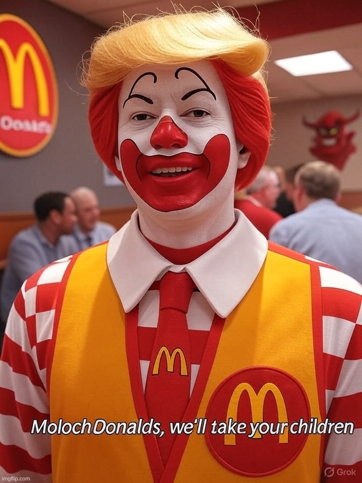 MolochDonalds, we'll take your children | image tagged in donald,trump,moloch,children,fast food | made w/ Imgflip meme maker