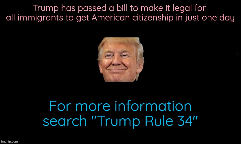 It's true idk why he will do that | Trump has passed a bill to make it legal for  all immigrants to get American citizenship in just one day; For more information search "Trump Rule 34" | image tagged in the blue | made w/ Imgflip meme maker