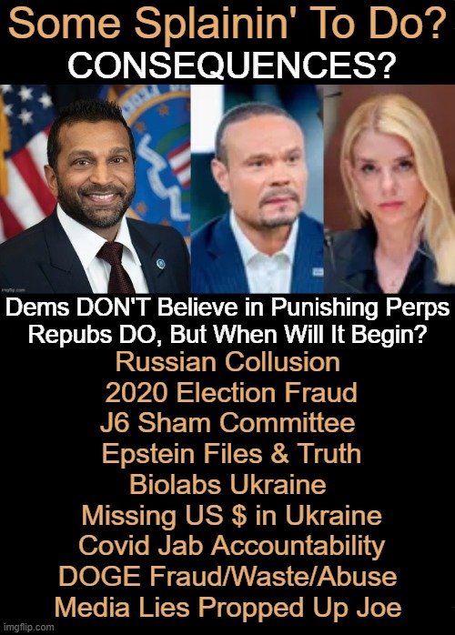 Crime AND Punishment | Some Splainin' To Do? CONSEQUENCES? Dems DON'T Believe in Punishing Perps
Repubs DO, But When Will It Begin? Russian Collusion 
2020 Election Fraud
J6 Sham Committee 
Epstein Files & Truth
Biolabs Ukraine 
Missing US $ in Ukraine
Covid Jab Accountability
DOGE Fraud/Waste/Abuse 
Media Lies Propped Up Joe | image tagged in don't do the crime if you can't do the time,democrats,republicans,consequences,doj,fbi | made w/ Imgflip meme maker