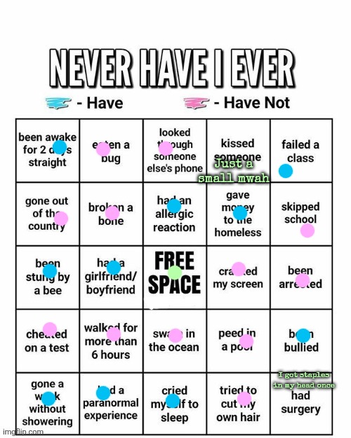 Never have I ever | Just a small mwah; I got staples in my head once | image tagged in never have i ever | made w/ Imgflip meme maker