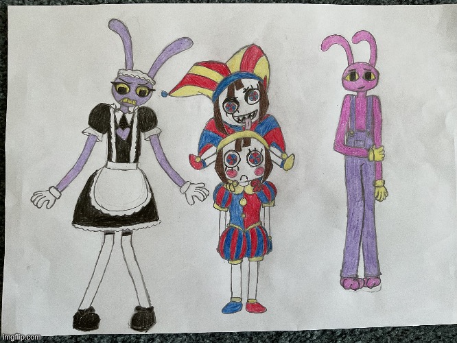 Jax, Pomni, Evil Jax and Evil Pomni (Art by me) | image tagged in tadc,art,fanart | made w/ Imgflip meme maker