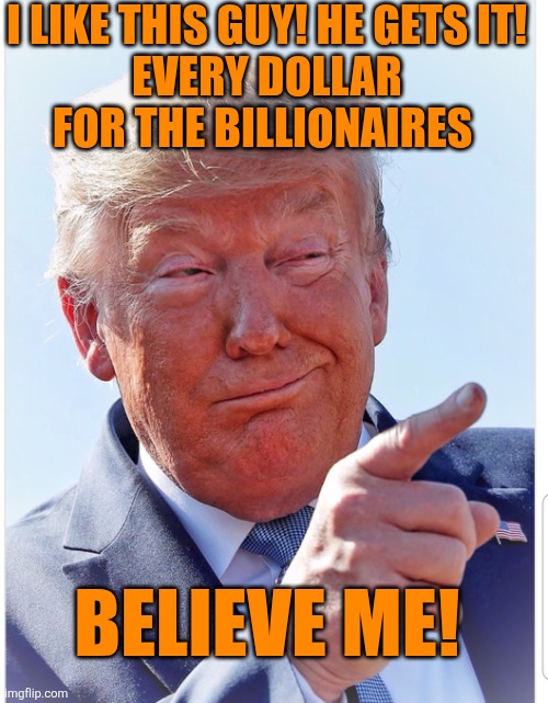 Trump pointing | I LIKE THIS GUY! HE GETS IT!
EVERY DOLLAR FOR THE BILLIONAIRES BELIEVE ME! | image tagged in trump pointing | made w/ Imgflip meme maker