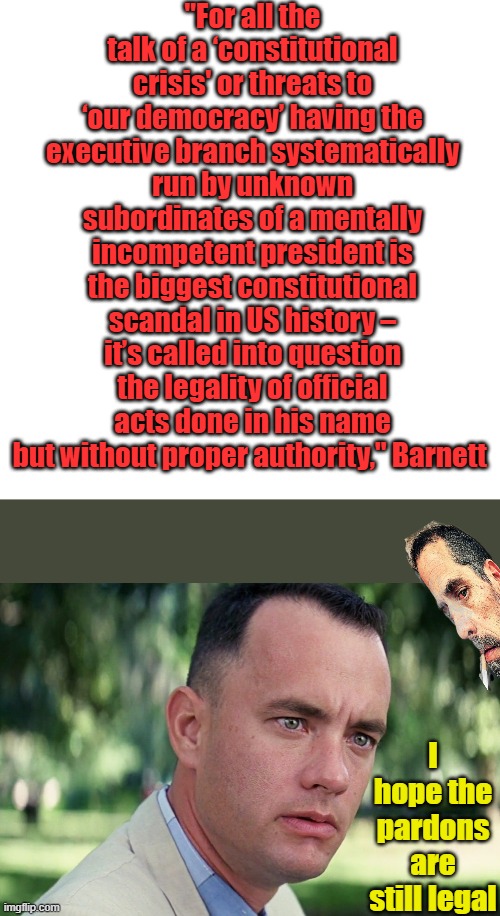 Hunter and Joe say " US TOO" | "For all the talk of a ‘constitutional crisis' or threats to ‘our democracy’ having the executive branch systematically run by unknown subordinates of a mentally incompetent president is the biggest constitutional scandal in US history – it’s called into question the legality of official acts done in his name but without proper authority," Barnett; I hope the pardons are still legal | image tagged in memes,blank transparent square,and just like that | made w/ Imgflip meme maker