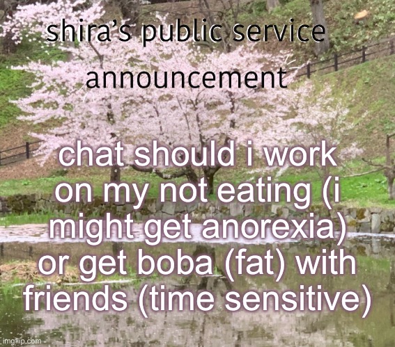 shira’s PSA | chat should i work on my not eating (i might get anorexia) or get boba (fat) with friends (time sensitive) | image tagged in shira s psa | made w/ Imgflip meme maker
