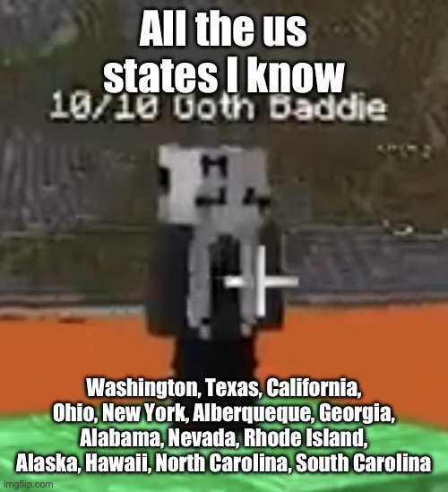 Goon material | All the us states I know; Washington, Texas, California, Ohio, New York, Alberqueque, Georgia, Alabama, Nevada, Rhode Island, Alaska, Hawaii, North Carolina, South Carolina | image tagged in goon material | made w/ Imgflip meme maker