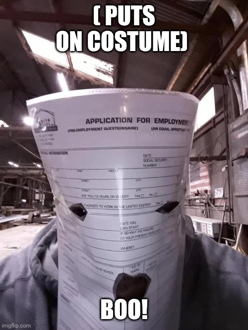 job application jumpscare | ( PUTS ON COSTUME) BOO! | image tagged in job application jumpscare | made w/ Imgflip meme maker