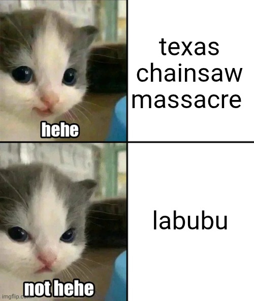 Cute cat hehe and not hehe | texas chainsaw massacre; labubu | image tagged in cute cat hehe and not hehe | made w/ Imgflip meme maker