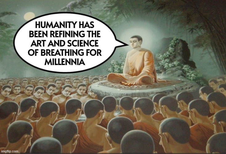 Humanity Has Been Refining The Art And Science Of Breathing For Millennia | HUMANITY HAS
BEEN REFINING THE
ART AND SCIENCE
OF BREATHING FOR
MILLENNIA | image tagged in buddha teaching followers,yoga,breath,religion,spirit,faith in humanity | made w/ Imgflip meme maker
