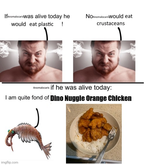 Neat Meal Ngl | Dino Nuggie Orange Chicken | image tagged in anomalocaris if he was alive today,memes,dinosaur,food memes,shitpost,lol | made w/ Imgflip meme maker