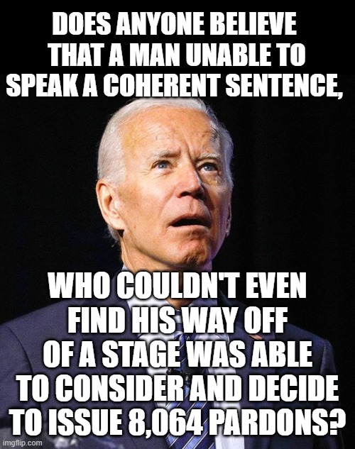 AutoPen pardons should be VOIDED! | DOES ANYONE BELIEVE 
THAT A MAN UNABLE TO SPEAK A COHERENT SENTENCE, WHO COULDN'T EVEN FIND HIS WAY OFF OF A STAGE WAS ABLE TO CONSIDER AND DECIDE TO ISSUE 8,064 PARDONS? | image tagged in joe biden,corrupt democrats again | made w/ Imgflip meme maker