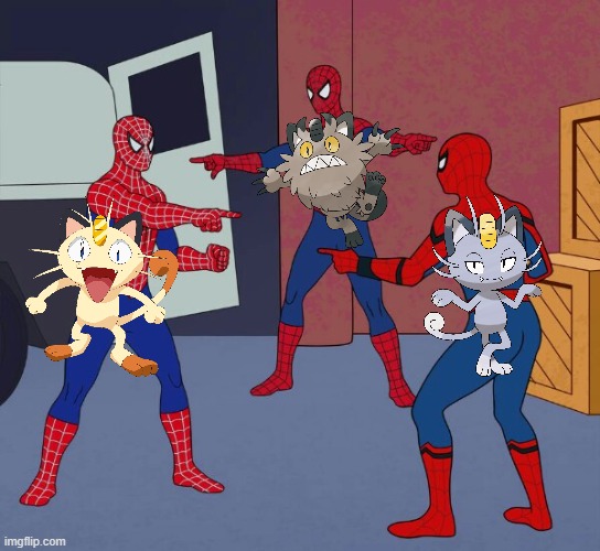 Meowth,Meowth,and Meowth | image tagged in spider man triple,pokemon | made w/ Imgflip meme maker