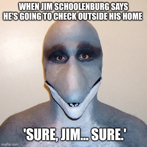 Dolphin man vs Jim schoolenburg reference | WHEN JIM SCHOOLENBURG SAYS HE'S GOING TO CHECK OUTSIDE HIS HOME; 'SURE, JIM... SURE.' | image tagged in dolphin man,dolphin man vs jim schoolenburg | made w/ Imgflip meme maker