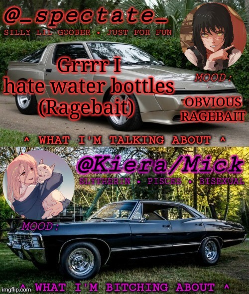 Ragebait | Grrrr I hate water bottles
(Ragebait); OBVIOUS RAGEBAIT | image tagged in km spectate shared temp,ragebait | made w/ Imgflip meme maker