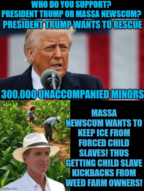 Who do you support? President Trump or Massa Newscum? | WHO DO YOU SUPPORT? PRESIDENT TRUMP OR MASSA NEWSCUM? MASSA NEWSCUM WANTS TO KEEP ICE FROM FORCED CHILD SLAVES! THUS GETTING CHILD SLAVE KICKBACKS FROM WEED FARM OWNERS! | image tagged in slavery | made w/ Imgflip meme maker