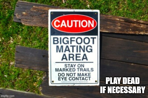 Sign gives tips on how to avoid Big Foot.  -funny- | PLAY DEAD IF NECESSARY | image tagged in funny,big foot,sasquatch,humor,funny sign,tips | made w/ Imgflip meme maker
