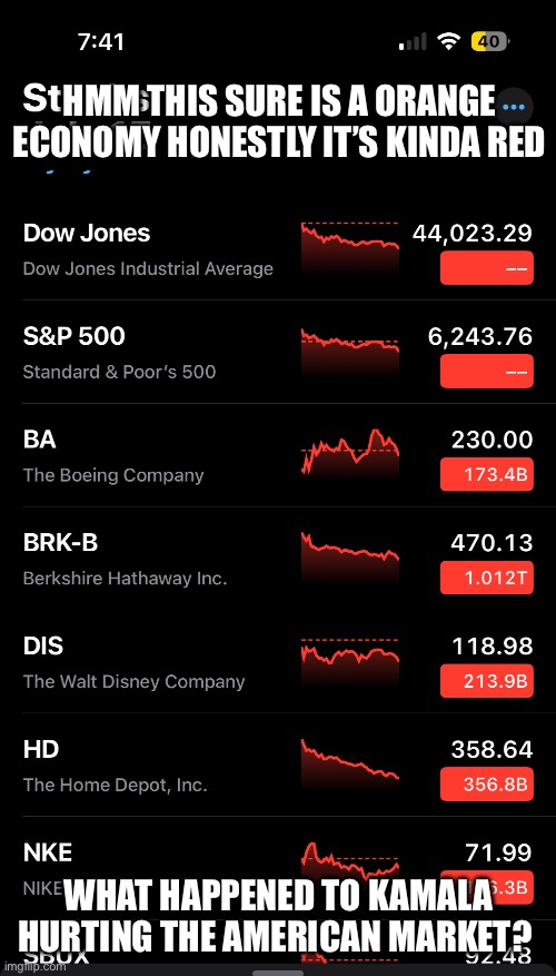 Bruh he lied | HMM THIS SURE IS A ORANGE ECONOMY HONESTLY IT’S KINDA RED; WHAT HAPPENED TO KAMALA HURTING THE AMERICAN MARKET? | image tagged in donald trump | made w/ Imgflip meme maker