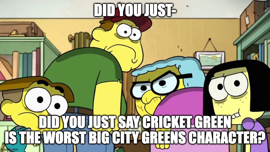 I think Cricket is the absolute best BCG character | DID YOU JUST-; DID YOU JUST SAY CRICKET GREEN IS THE WORST BIG CITY GREENS CHARACTER? | image tagged in blank stare,big city greens | made w/ Imgflip meme maker