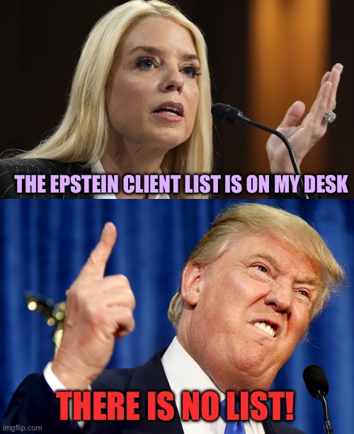 Bondi | THE EPSTEIN CLIENT LIST IS ON MY DESK; THERE IS NO LIST! | image tagged in pam bondi dog ate my homework,donald trump | made w/ Imgflip meme maker