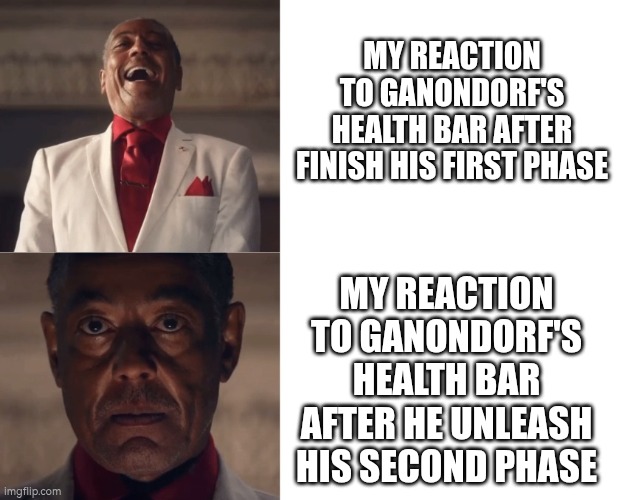 Gus Laughing then Serious | MY REACTION TO GANONDORF'S HEALTH BAR AFTER FINISH HIS FIRST PHASE MY REACTION TO GANONDORF'S HEALTH BAR AFTER HE UNLEASH HIS SECOND PHASE | image tagged in gus laughing then serious | made w/ Imgflip meme maker