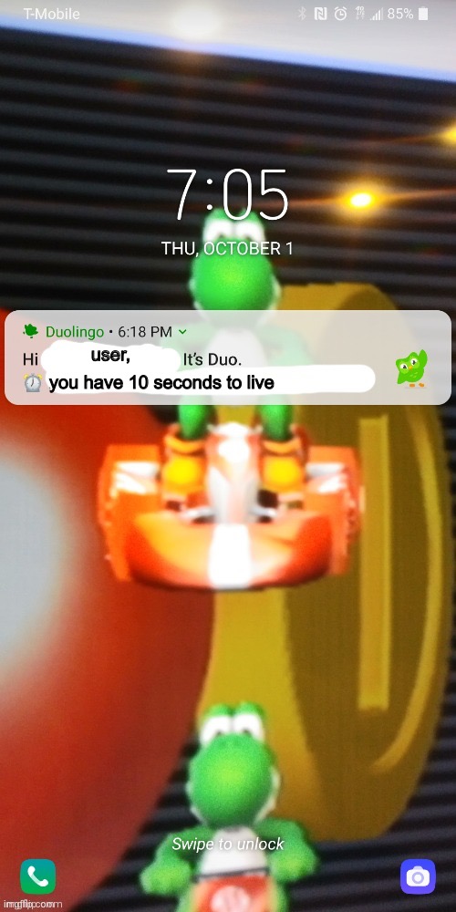 Duolingo Notification | user, you have 10 seconds to live | image tagged in duolingo notification | made w/ Imgflip meme maker